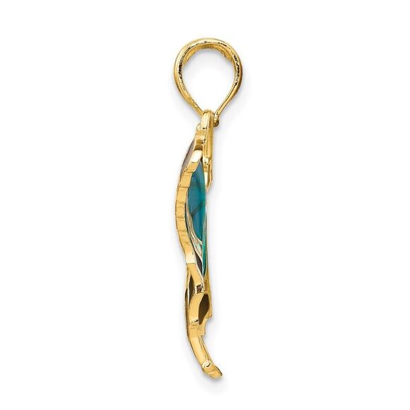 14k Yellow Gold & Aqua Translucent Acrylic Butterfly Pendant, 30mm - Picture 2 of 5